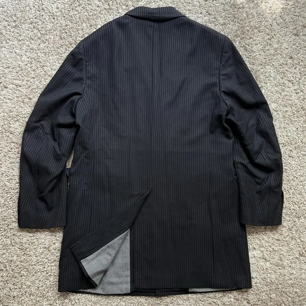 Vintage Canali Made In Italy Thick Wool Black Striped Long Suit Jacket Size 54L